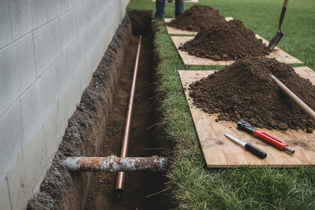 Excavated water line trench during Water Heater Repair in Green Valley Lake